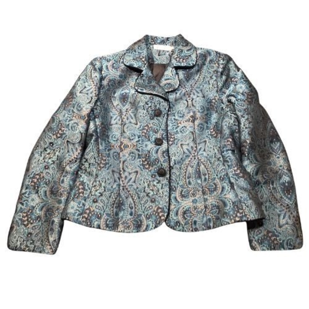 Vintage Y2K Dress Barn Womens 12 Blue Paisley Jacquard Blazer Lined Jacket